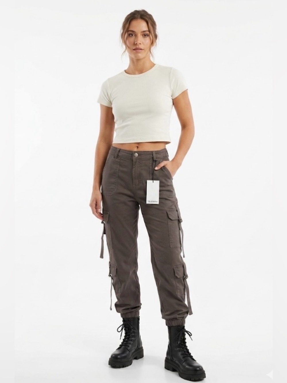 NWT Telepatia grey cargo jogger pants tons of pockets lightweight sz 11 waist 30